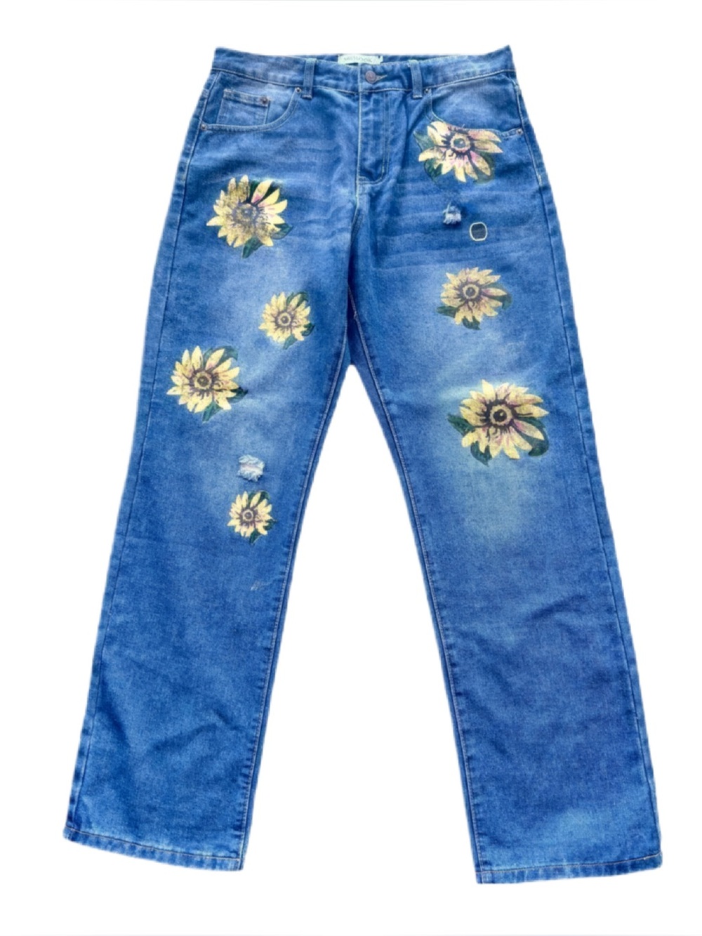 Floral Sunflower Straight Leg Lightly Distressed Blue Jeans size L or 12
